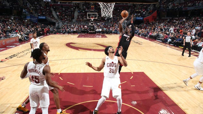 Heat big Bam Adebayo shoots the ball during the game vs. the Cavaliers at Rocket Mortgage Fieldhouse in Cleveland, Ohio.