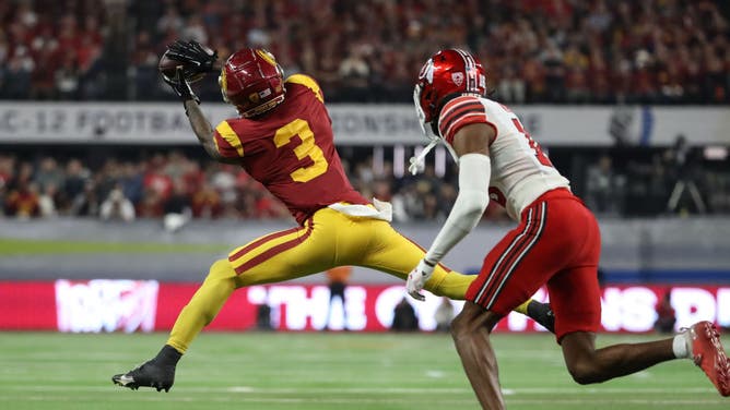 USC Trojans WR Jordan Addison makes a grab during the Pac-12 title game vs. the Utah Utes at Allegiant Stadium in Las Vegas.