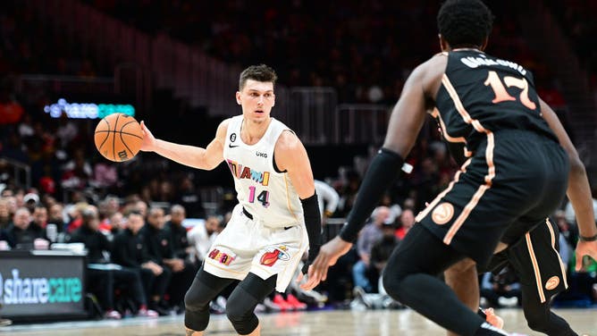 Miami Heat SG Tyler Herro handles the ball against the Atlanta Hawks at State Farm Arena in Atlanta.