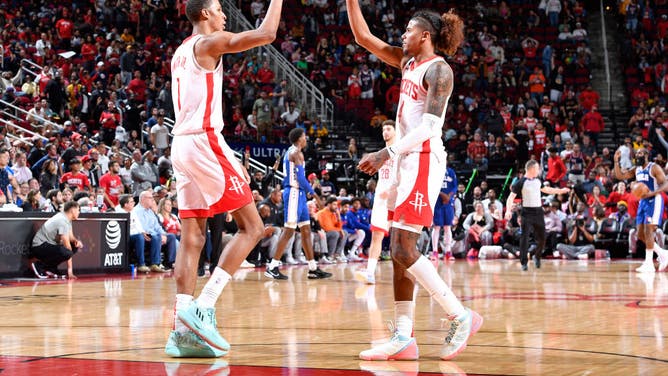 Houston Rockets PF Jabari Smith Jr. and SG Jalen Green celebrate during the game against the Philadelphia 76ers at the Toyota Center in Houston, Texas.