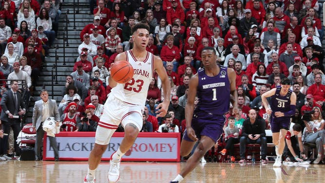Indiana F Trayce Jackson-Davis brings the ball up court vs. Northwestern at Assembly Hall at Bloomington, Indiana.
