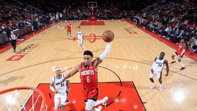 Kenyon Martin Jr. dunks the ball vs. the Washington Wizards at the Toyota Center in Houston, Texas.