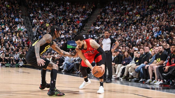 Raptors PG Fred VanVleet handles the ball vs. the Jazz at Vivint Smart Home Arena in Salt Lake City, Utah.