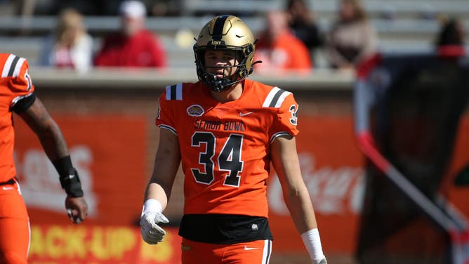 National linebacker Andre Carter II of Army during the Reese's Senior Bowl on February 4, 2023 at Hancock Whitney Stadium in Mobile, Alabama.