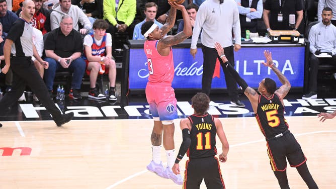 Wizards' Bradley Beal takes a mid-range shot vs. the Hawks at State Farm Arena in Atlanta.