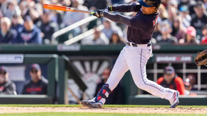 Ramirez bats during the game vs. the Texas Rangers at Progressive Field in Cleveland, Ohio.