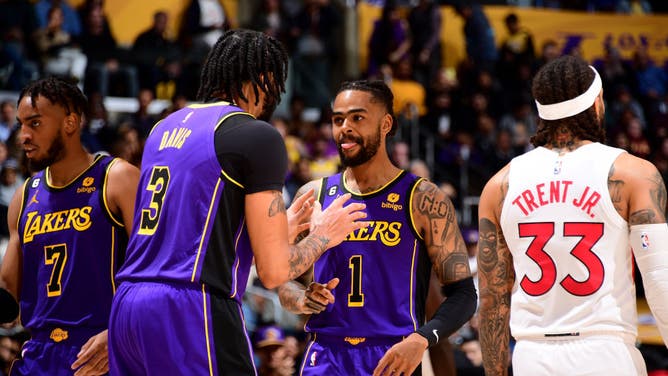AD and Russell talk during the game against the Toronto Raptors at Crypto.Com Arena in Los Angeles.
