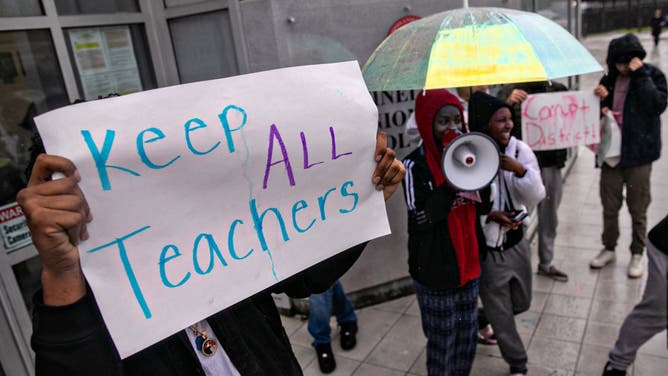 Students protest layoffs of members of the teachers unions at Centinela Valley Union High School District.
