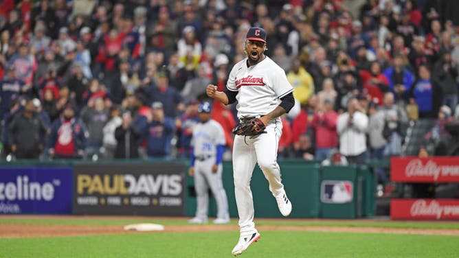 Clase celebrates the final out of a Cleveland 6-3 win vs. the Kansas City Royals at Progressive Field.