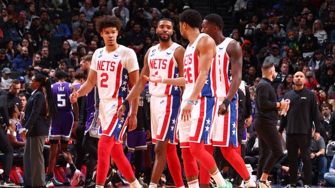 The Nets talk during the game vs. the Sacramento Kings at Barclays Center in Brooklyn.