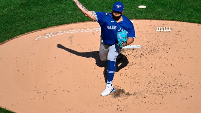 Alek Manoah pitches against the St. Louis Cardinals on Opening Day at Busch Stadium in St Louis, Missouri.
