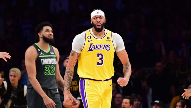 Anthony Davis celebrates vs. the Timberwolves during the 2023 Play-In Tournament at Crypto.Com Arena in Los Angeles.