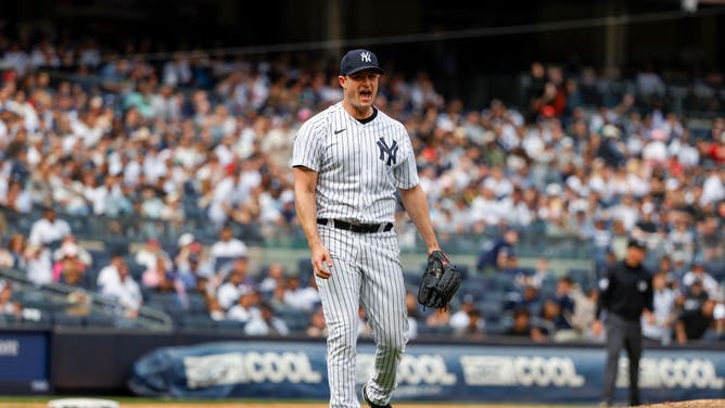 Cole celebrates after a big out against the Minnesota Twins at Yankee Stadium.