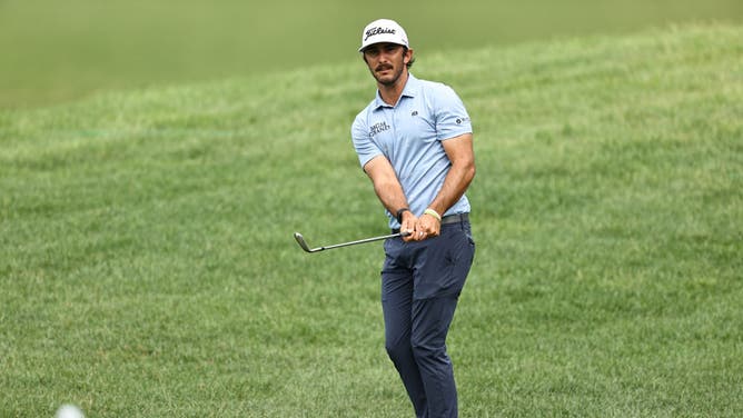 Max Homa plays a shot on the 15th hole during the 1st round of the 2020 Travelers Championship at TPC River Highlands.