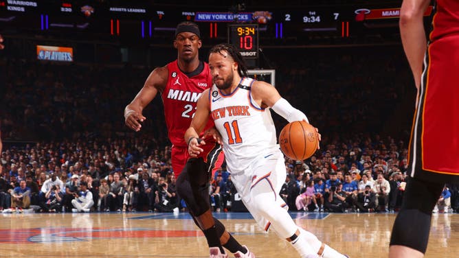 Knicks PG Jalen Brunson drives to the basket during Game 1 of the 2023 NBA Eastern Conference Semifinals vs. the Heat at Madison Square Garden.