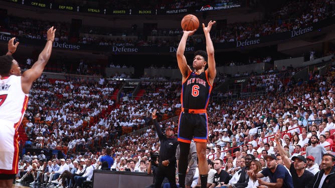 Knicks SG Quentin Grimes shoots a 3 vs. the Heat during Game 4 of the Eastern Conference Semifinals.