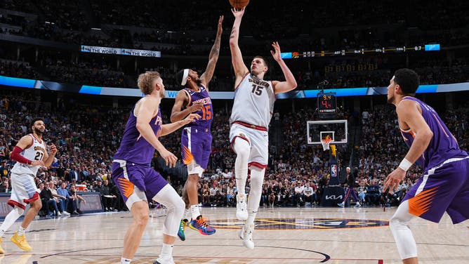Nuggets C Nikola Jokic shoots a runner during Game 5 of the 2023 Western Conference Semifinals vs. the Suns at the Ball Arena in Denver.