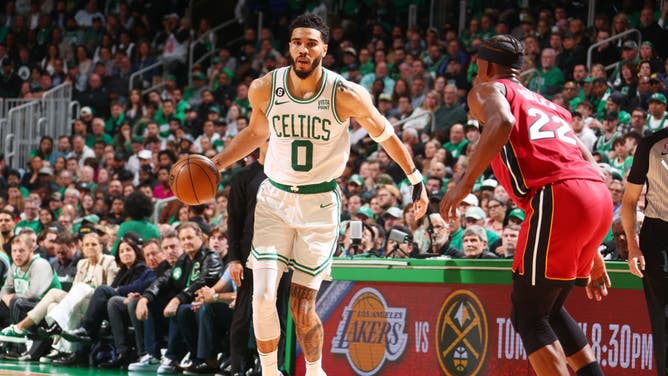 Celtics SF Jayson Tatum handles the ball vs. Butler Wednesday in Game 1 of the ECF.