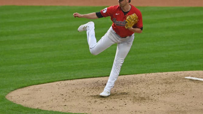 Guardians RHP Shane Bieber throws a pitch during the 5th inning vs. the Miami Marlins at Progressive Field in Cleveland, Ohio.