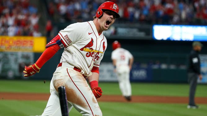 Cardinals 2B Nolan Gorman shouts as he runs the bases after hitting a 3-run HR vs. the LA Dodgers at Busch Stadium in St. Louis, Missouri.