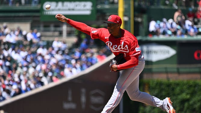 Reds RHP Hunter Greene pitches in the 1st inning vs. the Cubs at Wrigley Field in Chicago.