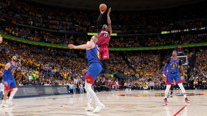 Adebayo shoots a mid-range jump shot during Game 1 of the 2023 NBA Finals at the Ball Arena.