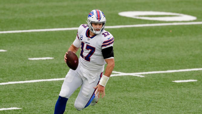 Buffalo Bills QB Josh Allen scrambles against the New York Jets at MetLife Stadium in East Rutherford, New Jersey.