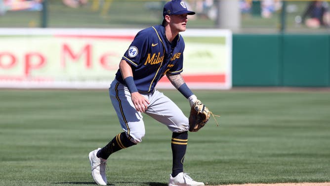 Brice Turang of the Milwaukee Brewers plays shortstop during a Spring Training game.