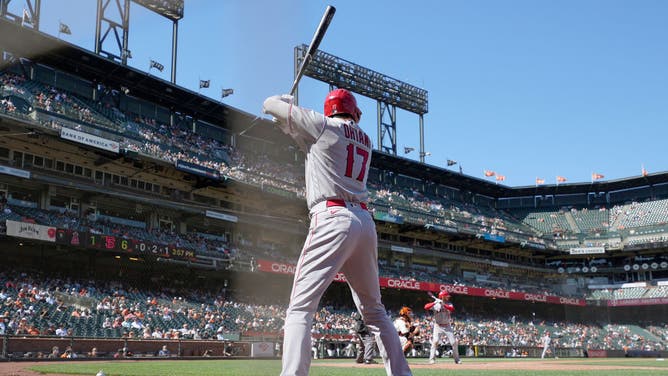 Ohtani stands on-deck waiting to pinch hit vs. the Giants at Oracle Park in San Francisco.