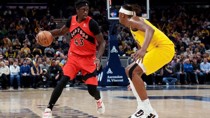 Toronto Raptors F Pascal Siakam sizes up Indiana Pacers big Myles Turner at Gainbridge Fieldhouse in Indianapolis.