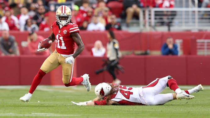 San Francisco 49ers WR Brandon Aiyuk in action against the Arizona Cardinals at Levi's Stadium in Santa Clara, California.