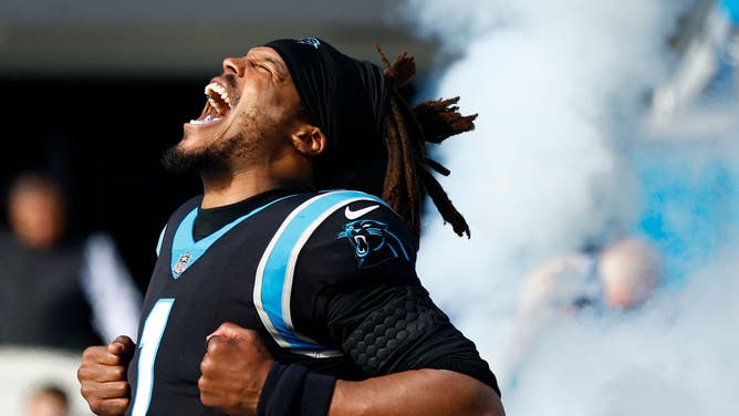 Quarterback Cam Newton of the Carolina Panthers during his most recent NFL season, 2021.