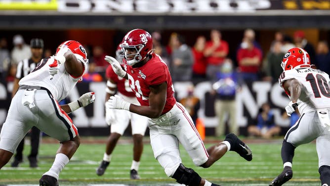 Former Alabama DE Will Anderson Jr. rushes the QB vs. the Georgia Bulldogs during the College Football Playoff Championship held at Lucas Oil Stadium in Indianapolis.