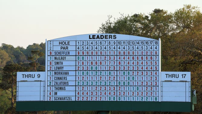 A general view of the leaderboard on the 18th green after Scottie Scheffler won the 2022 Masters at Augusta National Golf Club in Georgia.