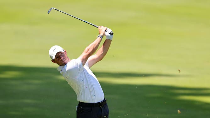 Rory McIlroy plays a shot on the 10th hole during the final round of 2022 Travelers Championship at TPC River Highlands in Cromwell, Connecticut.