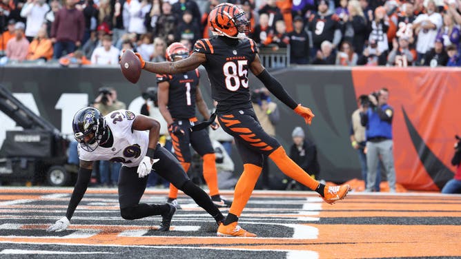 Tee Higgins scores a TD against the Ravens in a 2021 NFL game.