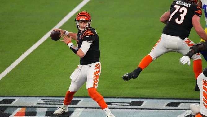 Cincinnati Bengals QB Joe Burrow throws the ball during to the NFL Super Bowl LVI football game against the Los Angeles Rams at SoFi Stadium in Inglewood, California.