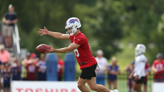 Matt Araiza of the Buffalo Bills punts during Bills training camp.