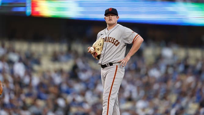 Logan Webb reacts during a game against the LA Dodgers at Dodger Stadium in Los Angeles.