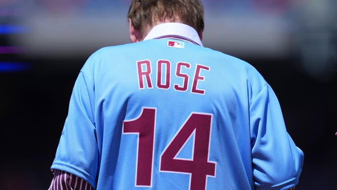 Pete Rose on the field at a Phillies game despite his lifetime ban from MLB upheld by Rob Manfred