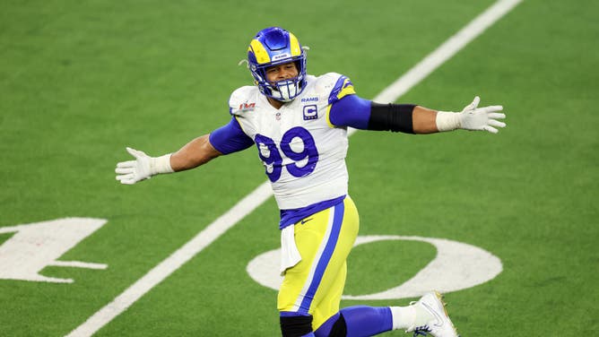 Rams DT Aaron Donald celebrates after forcing a turnover on downs vs. the Cincinnati Bengals during the NFL Super Bowl 56 at SoFi Stadium in Inglewood, California.