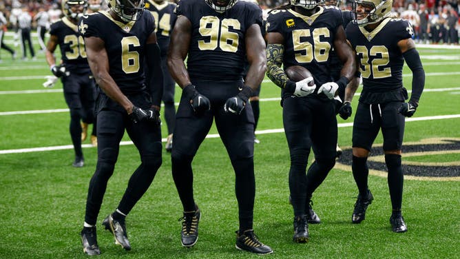 New Orleans Saints Demario Davis celebrates with the rest of the defense after recovering a fumble by Tampa Bay Buccaneers QB Tom Brady at Caesars Superdome in New Orleans.