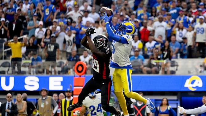 Los Angeles Rams CB Jalen Ramsey intercepts a pass intended for Atlanta Falcons WR Bryan Edwards at SoFi Stadium in Inglewood, California.