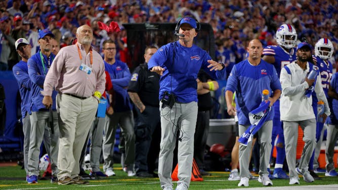 Bills head coach Sean McDermott is pissed and challenging a play against the Tennessee Titans at Highmark Stadium in Orchard Park, New York.