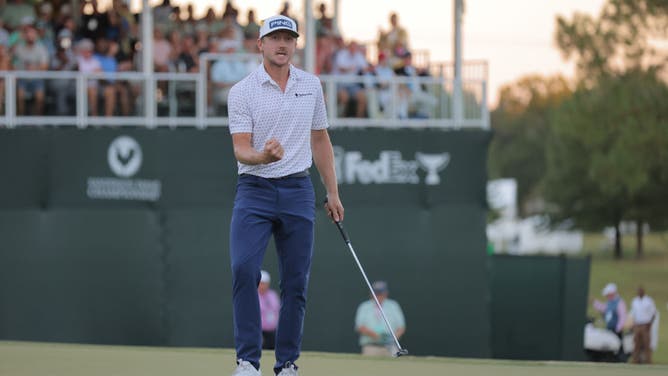 Mackenzie Hughes reacts after a putt at the 2nd playoff hole vs. Sepp Straka during the final round of the 2022 Sanderson Farms Championship at The Country Club of Jackson in Jackson, Mississippi.