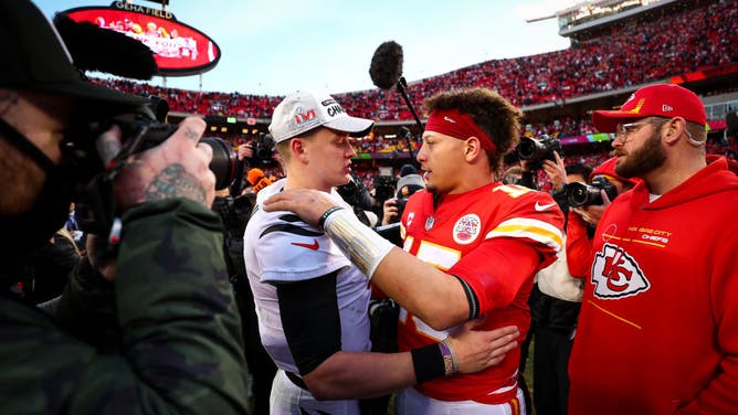 Bengals QB Joe Burrow connects with Chiefs QB Patrick Mahomes  after the AFC title game at Arrowhead Stadium in Kansas City, Missouri.