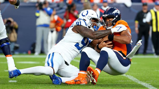 Broncos Russell Wilson gets sacked on Thursday Night Football against the Colts.