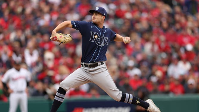 McClanahan throws a pitch vs. the Cleveland Guardians in the Wild Card Series at Progressive Field in Cleveland.
