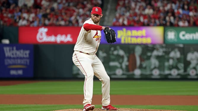 Montgomery throws a pitch vs. the Philadelphia Phillies during the NL Wild Card Series at Busch Stadium in St Louis, Missouri.