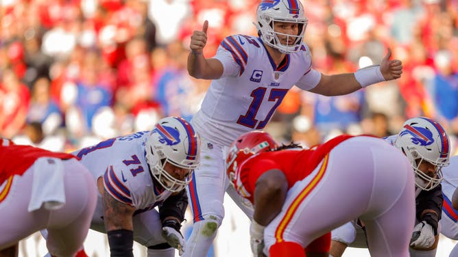Buffalo Bills QB Josh Allen makes pre-snap adjustments vs. the Chiefs at Arrowhead Stadium in Kansas City, Missouri.